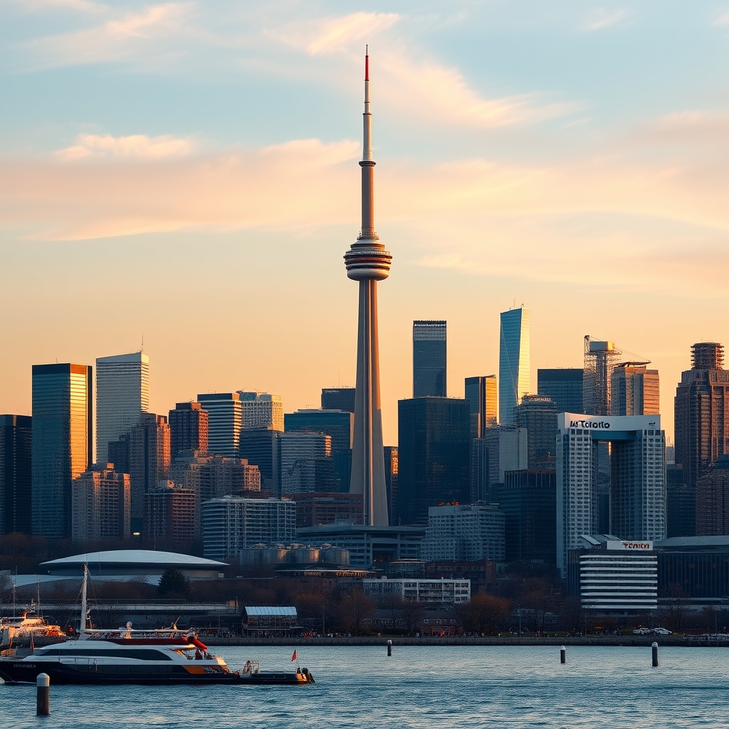 Toronto skyline at dusk with the CN Tower